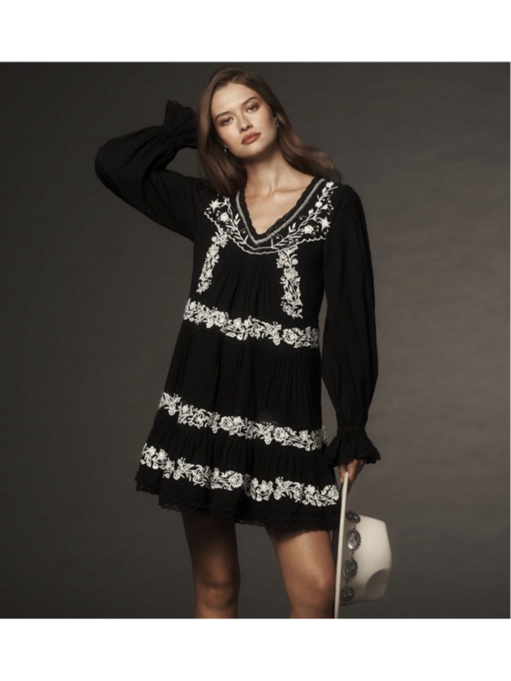 ANTHROPOLOGIE Cottagecore Embroidered Mini Dress Size:M Pintuck Tiered Swing
